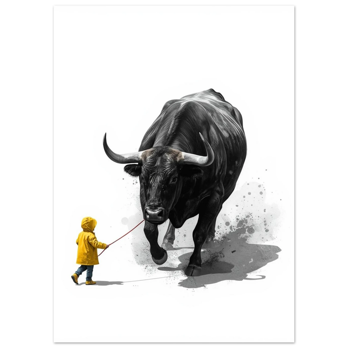 Illustration av kraftfull tjur och barn i gul jacka