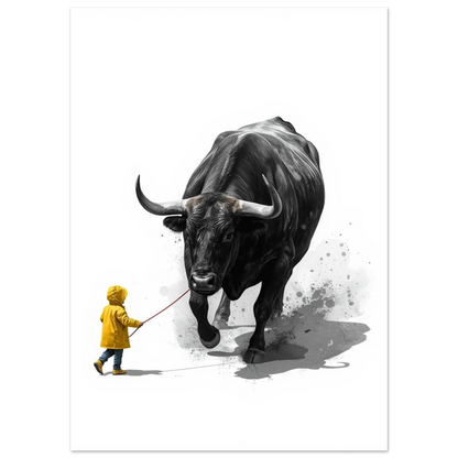 Illustration av kraftfull tjur och barn i gul jacka