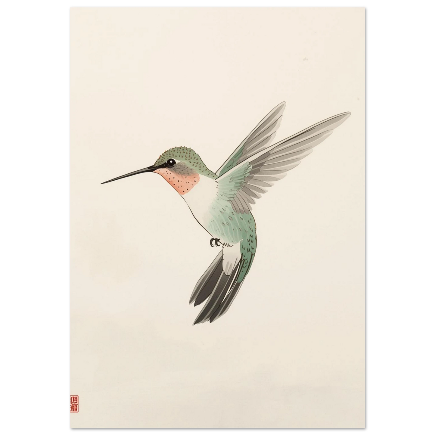 Svävande kolibri i akvarellstil med gröna och rosa fjäderdräktsdetaljer