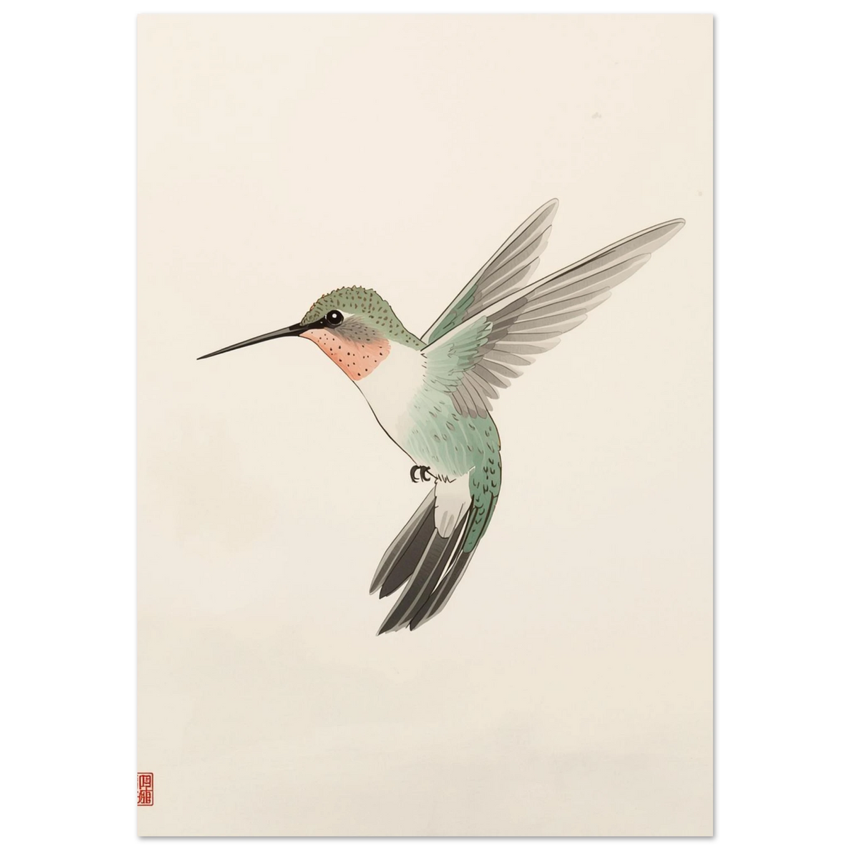 Svävande kolibri i akvarellstil med gröna och rosa fjäderdräktsdetaljer