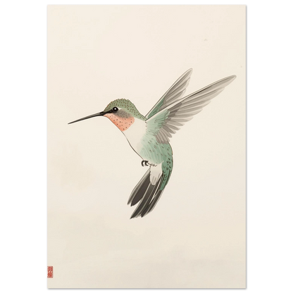 Svävande kolibri i akvarellstil med gröna och rosa fjäderdräktsdetaljer