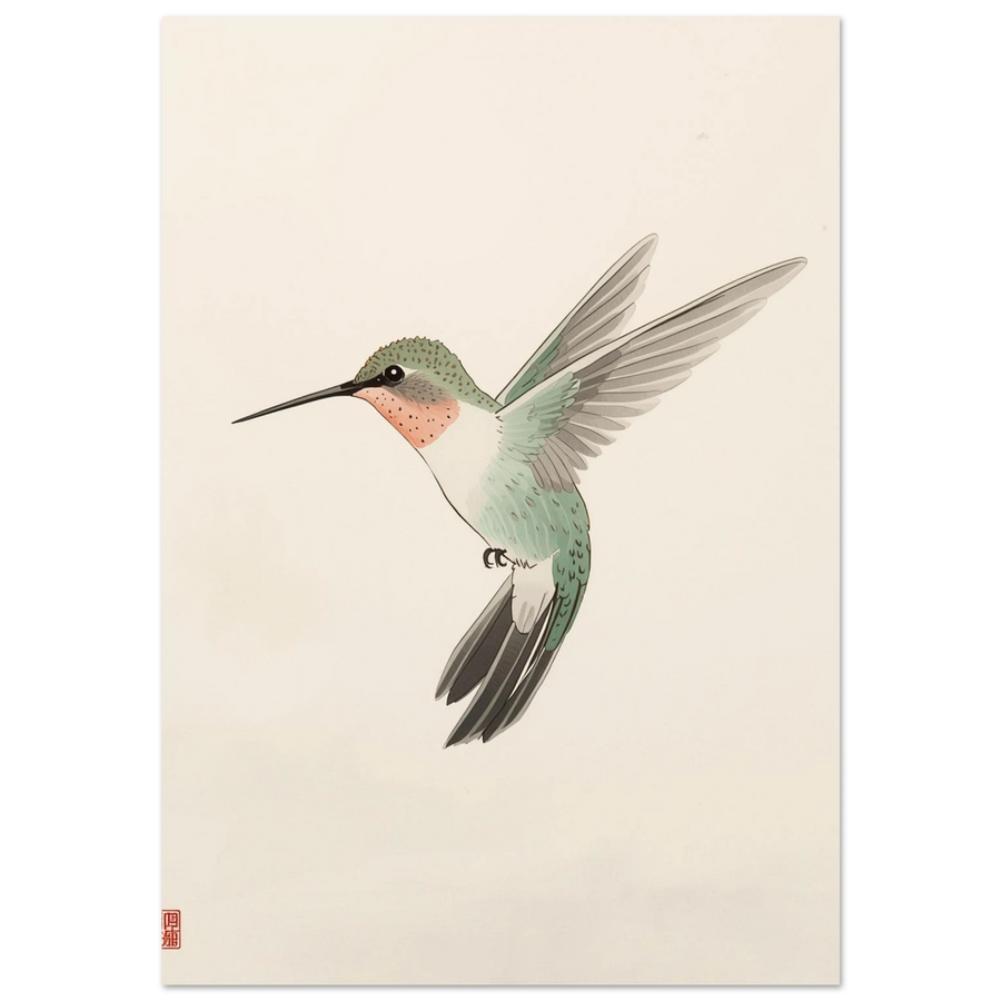 Svävande kolibri i akvarellstil med gröna och rosa fjäderdräktsdetaljer