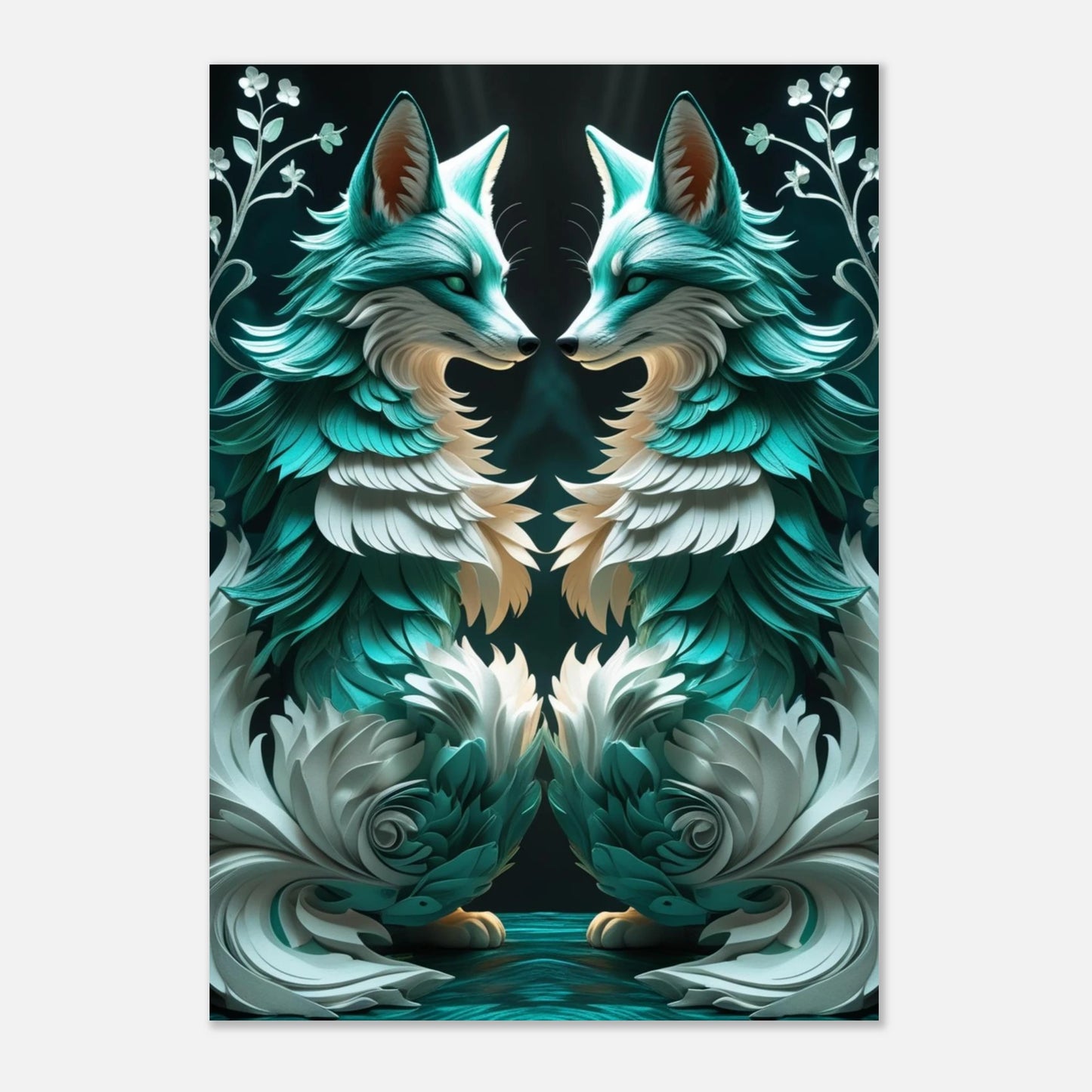 Fantasifull tavla med turkosa rävar och eteriska detaljer i modern stil