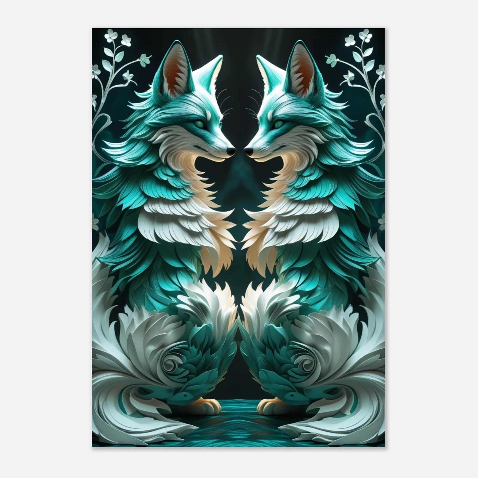 Fantasifull tavla med turkosa rävar och eteriska detaljer i modern stil