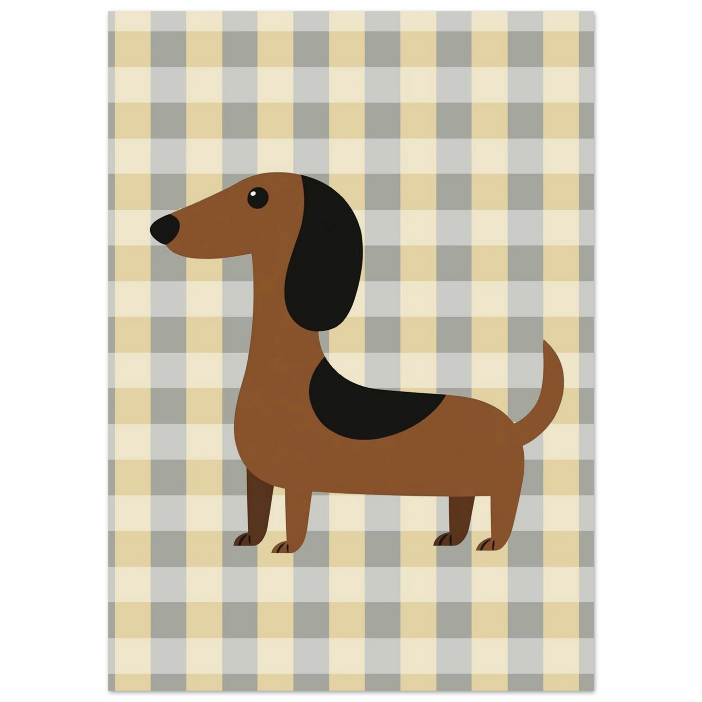 Stiliserad hundposter föreställande en brun tax i profil mot rutmönster