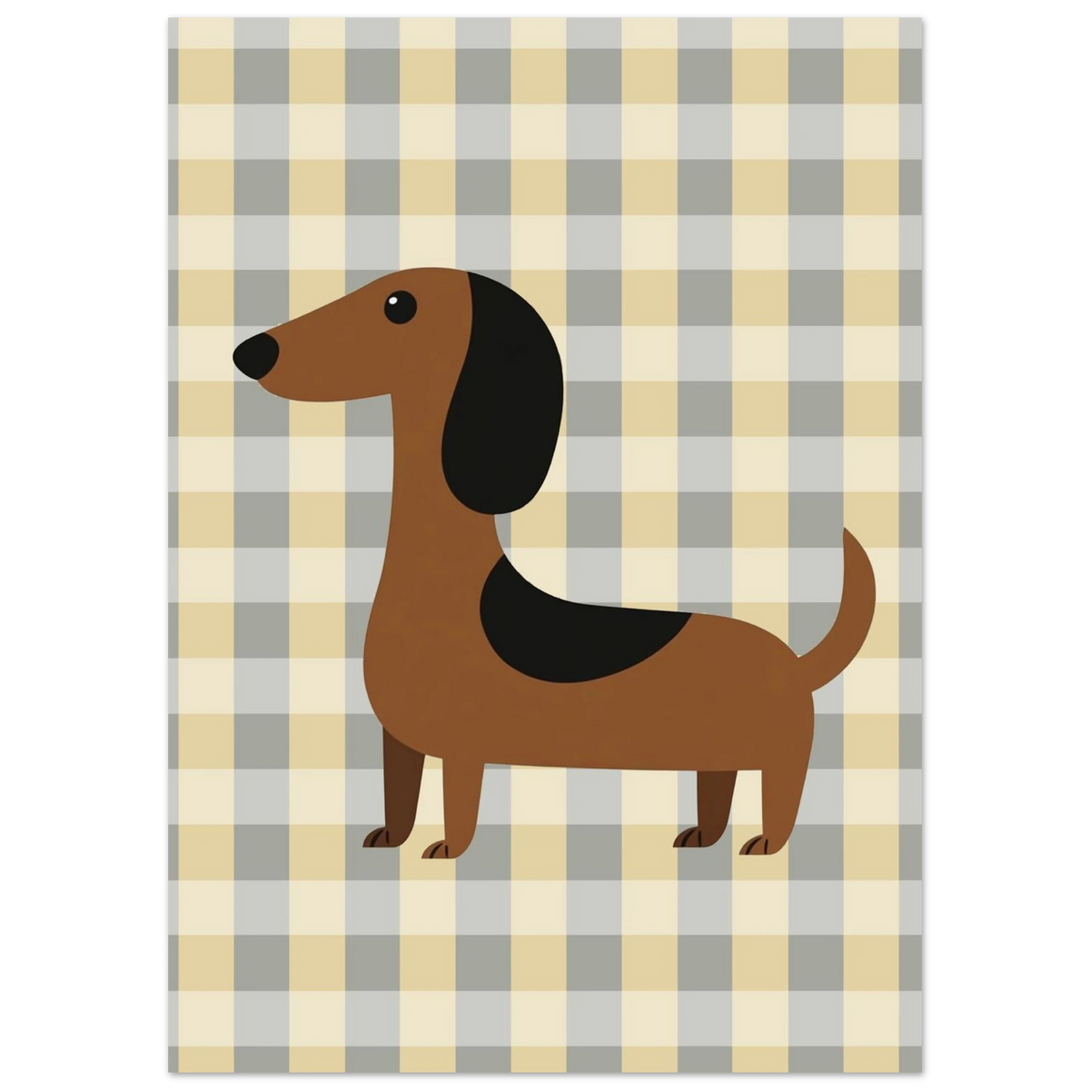 Stiliserad hundposter föreställande en brun tax i profil mot rutmönster