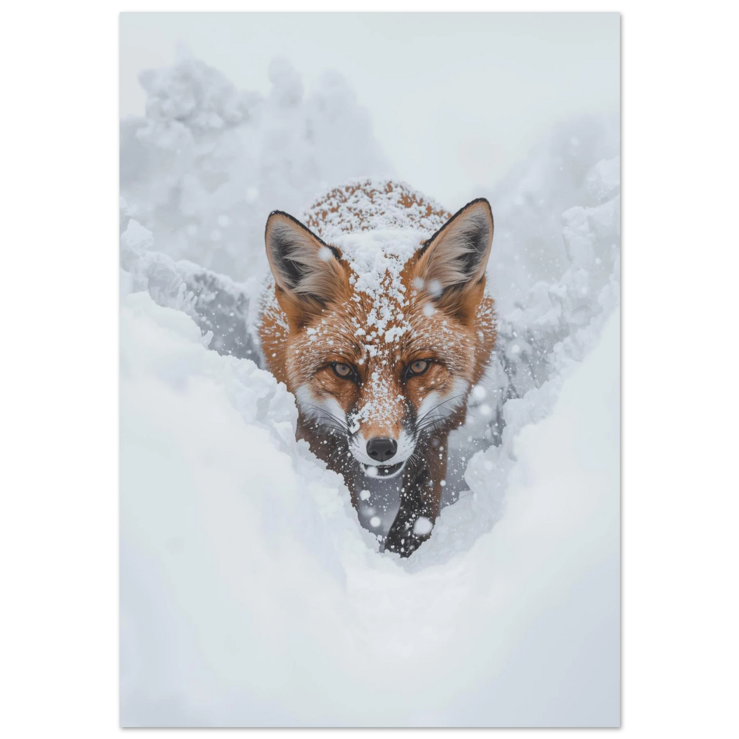 Röd räv pulsar genom djup vit snö – naturtrogen djurposter