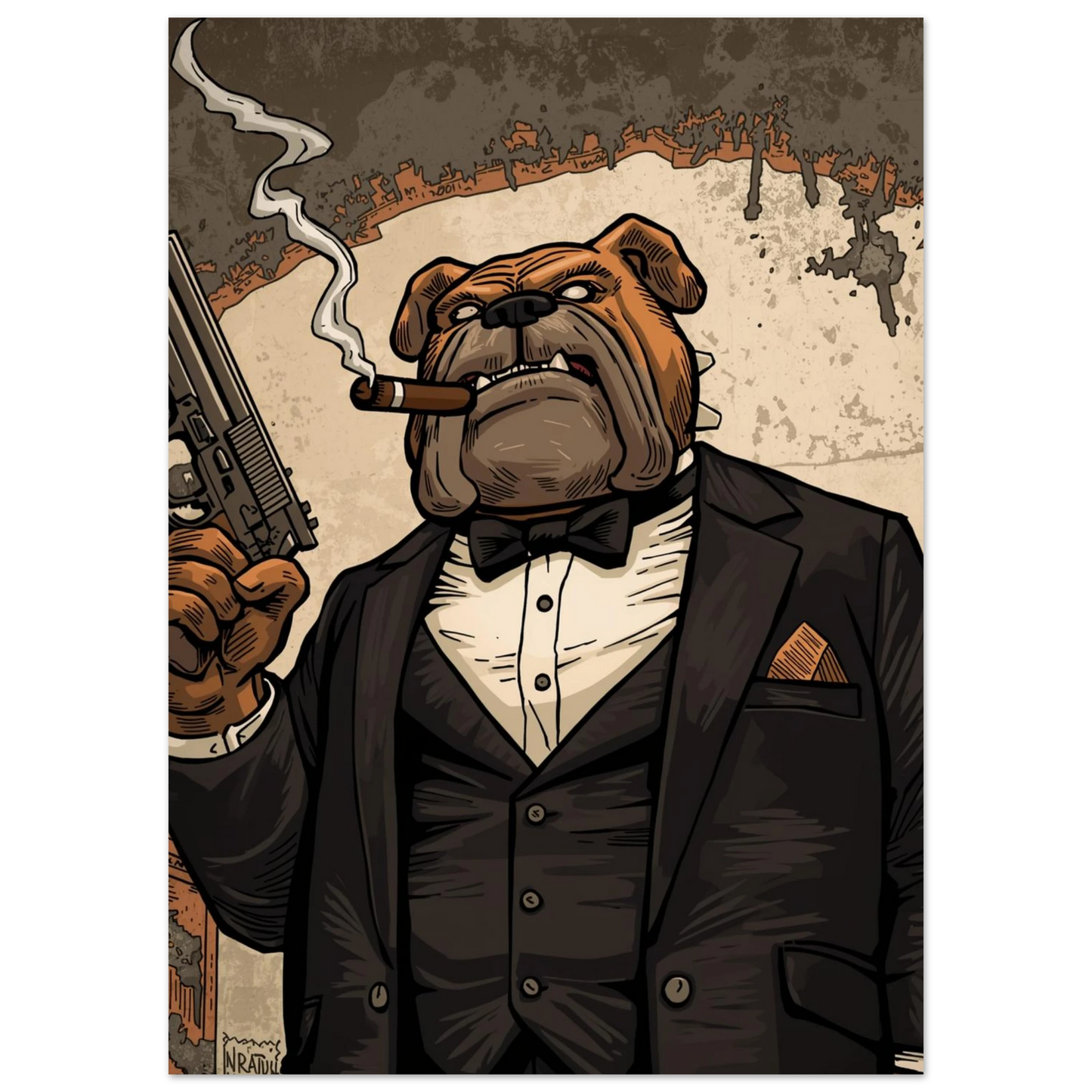 Kaxig bulldoggkaraktär med cigarr och pistol i brun kostym – canvastryck