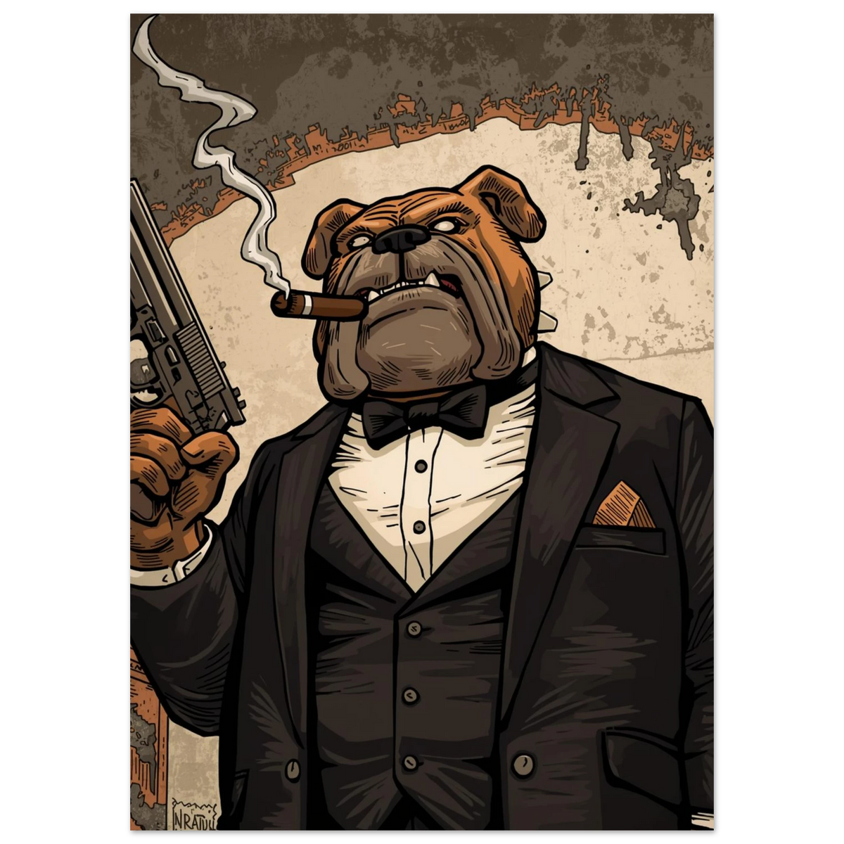 Kaxig bulldoggkaraktär med cigarr och pistol i brun kostym – canvastryck