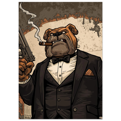 Kaxig bulldoggkaraktär med cigarr och pistol i brun kostym – canvastryck