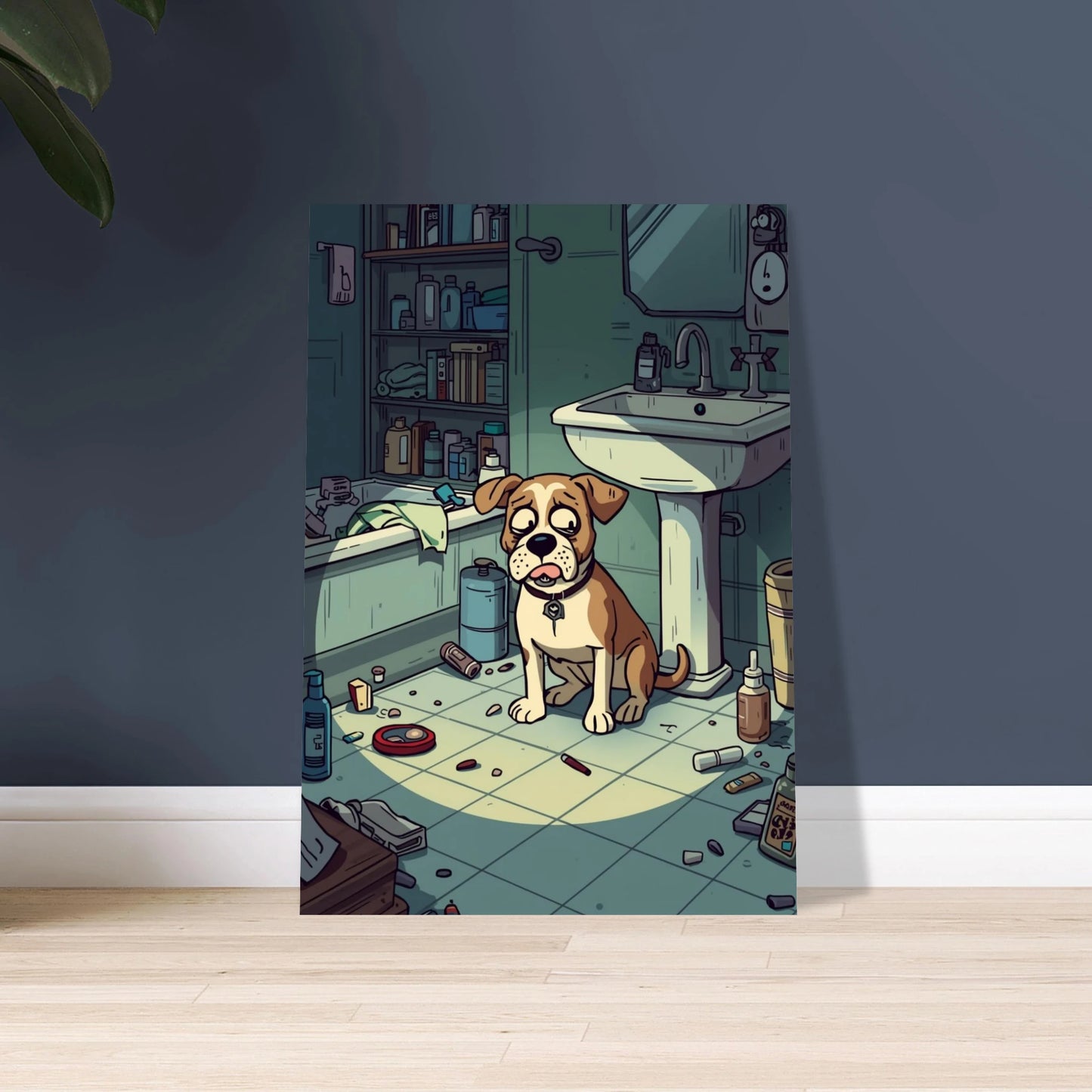 Söt hund med oskyldig blick i stökigt badrum, humoristisk illustration.