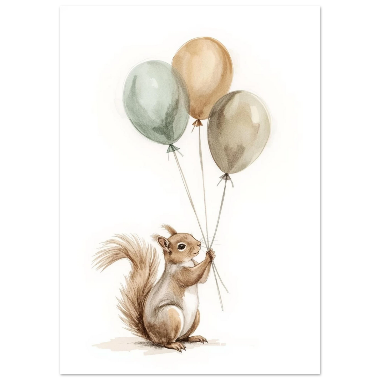 Djurmotiv med ekorre och svävande ballonger i dämpade jordfärger