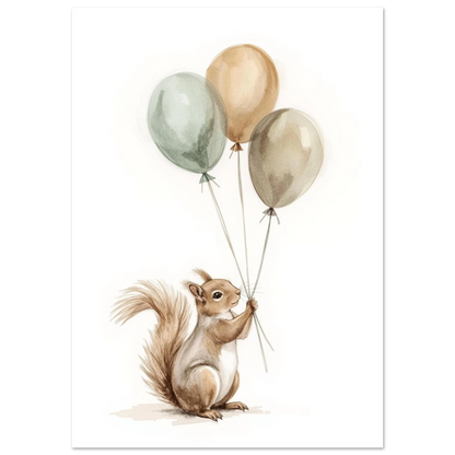 Djurmotiv med ekorre och svävande ballonger i dämpade jordfärger