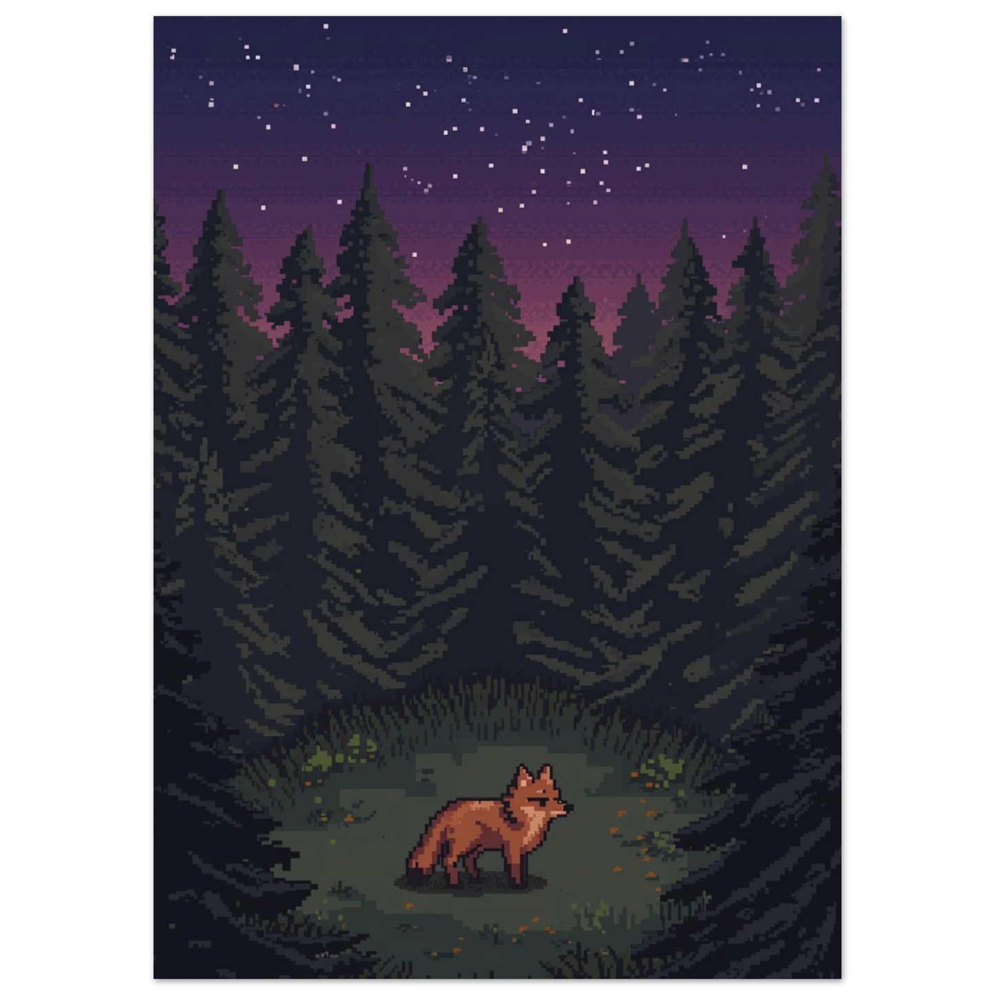 Digital illustration med rävmotiv i 8-bitarsstil och lila skymningsljus