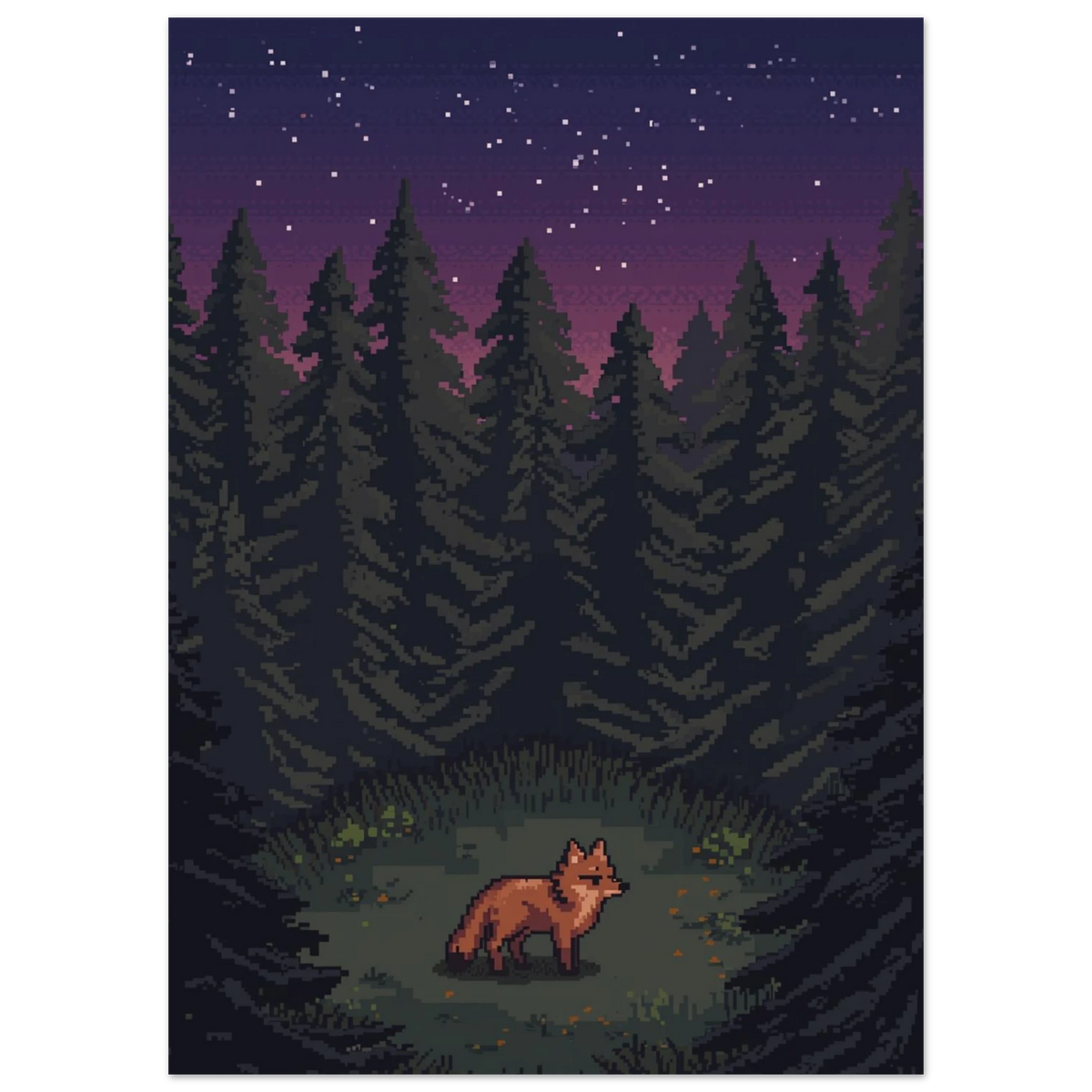 Digital illustration med rävmotiv i 8-bitarsstil och lila skymningsljus