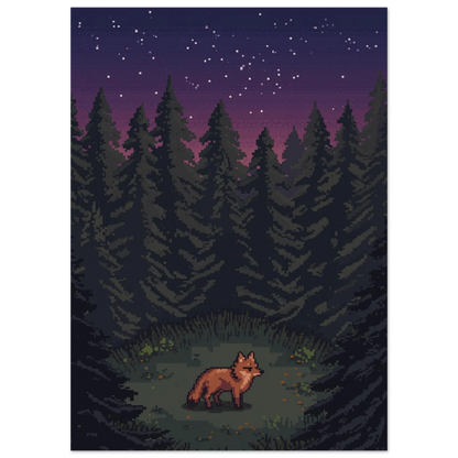 Digital illustration med rävmotiv i 8-bitarsstil och lila skymningsljus