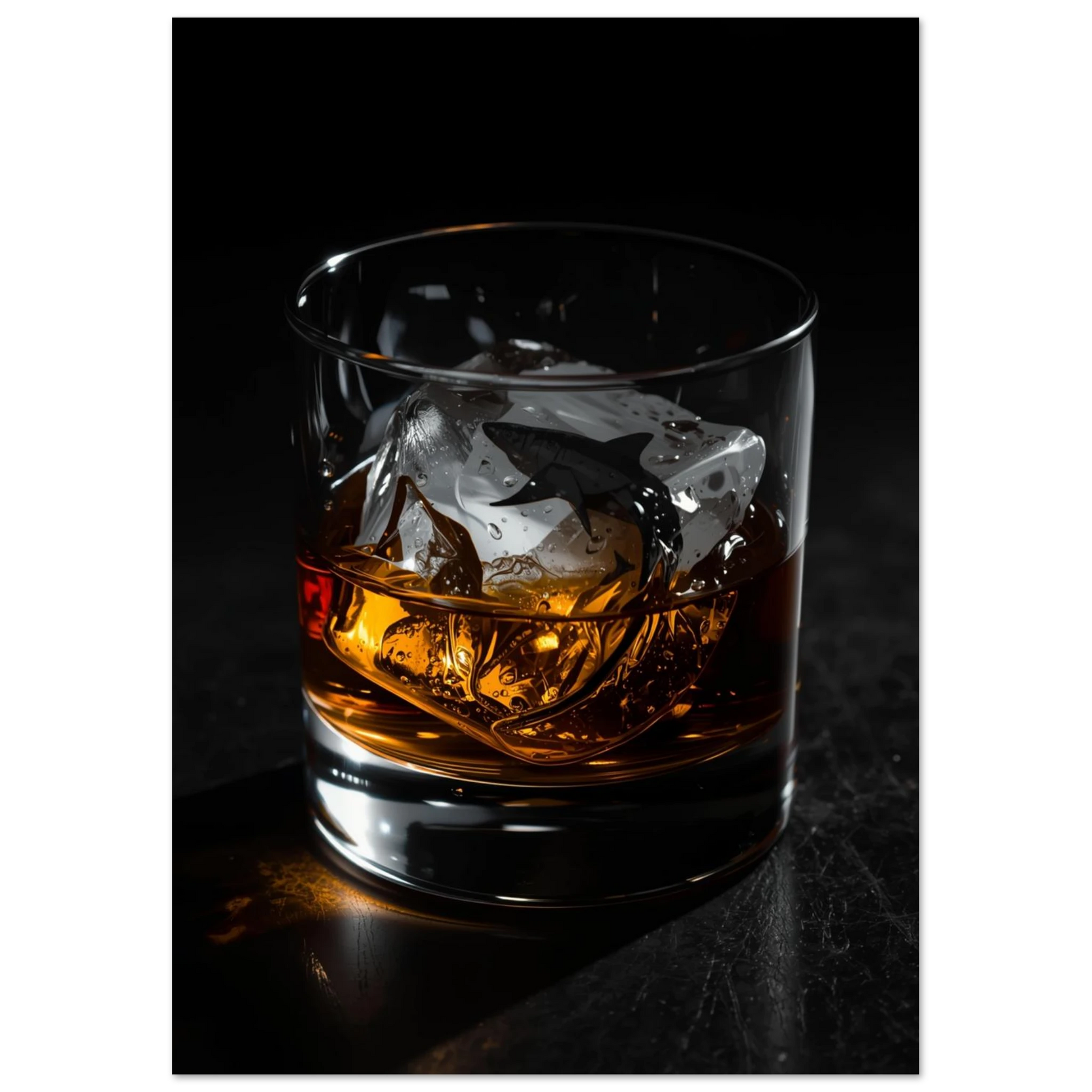Minimalistisk komposition av haj i is och whisky – stilren tavla