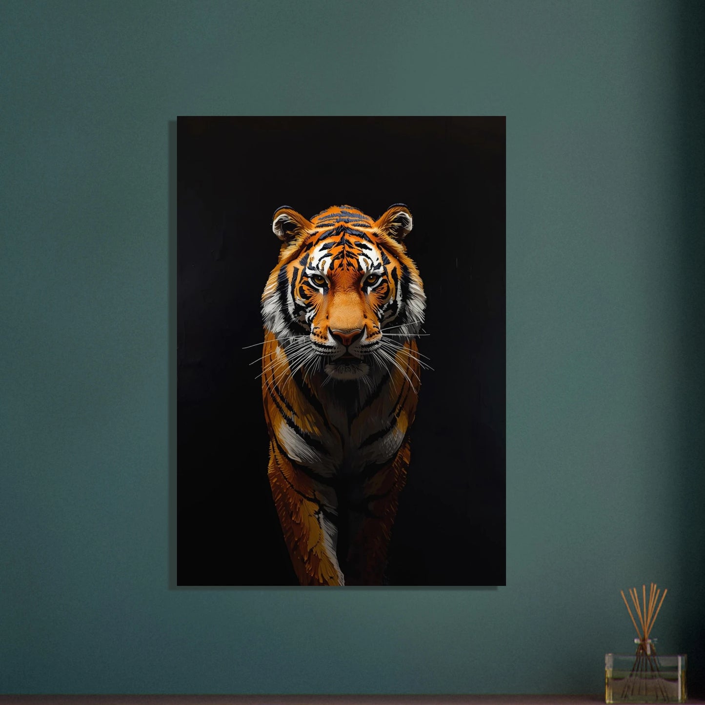 Intensiv tiger i impasto oljemålning, mörk bakgrund, konstnärlig djurposter.