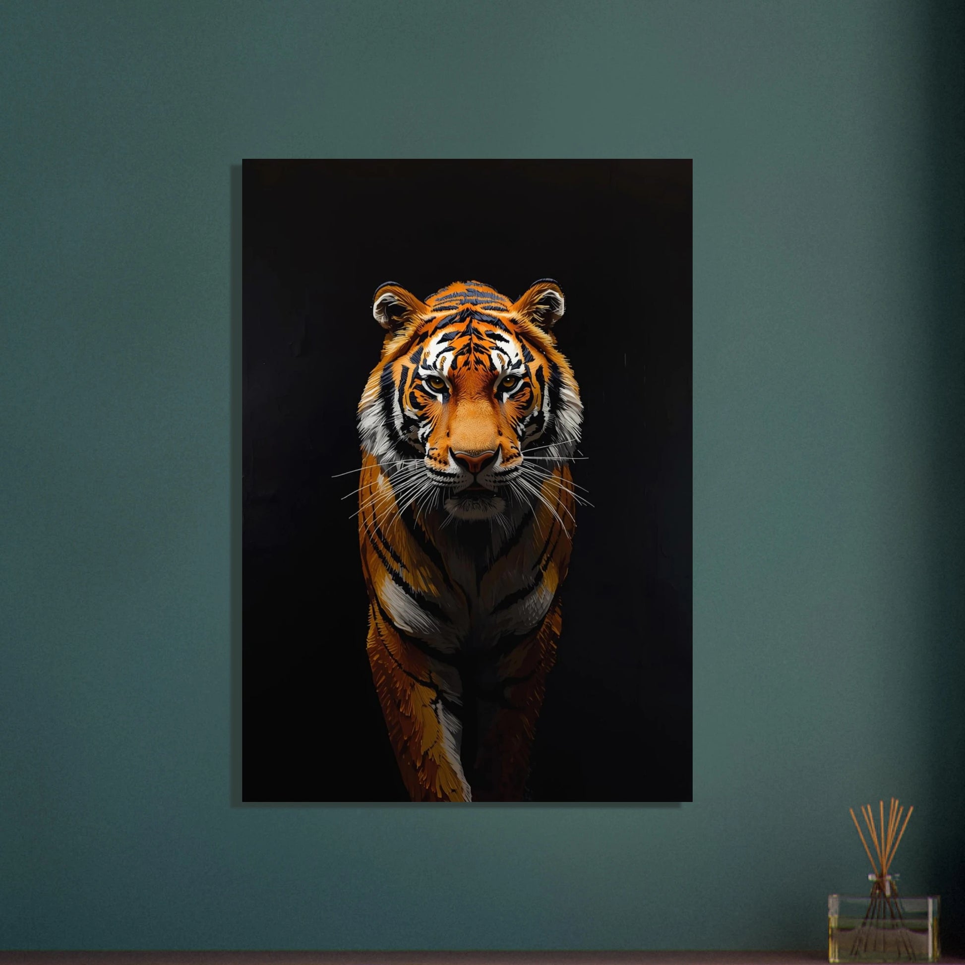Intensiv tiger i impasto oljemålning, mörk bakgrund, konstnärlig djurposter.