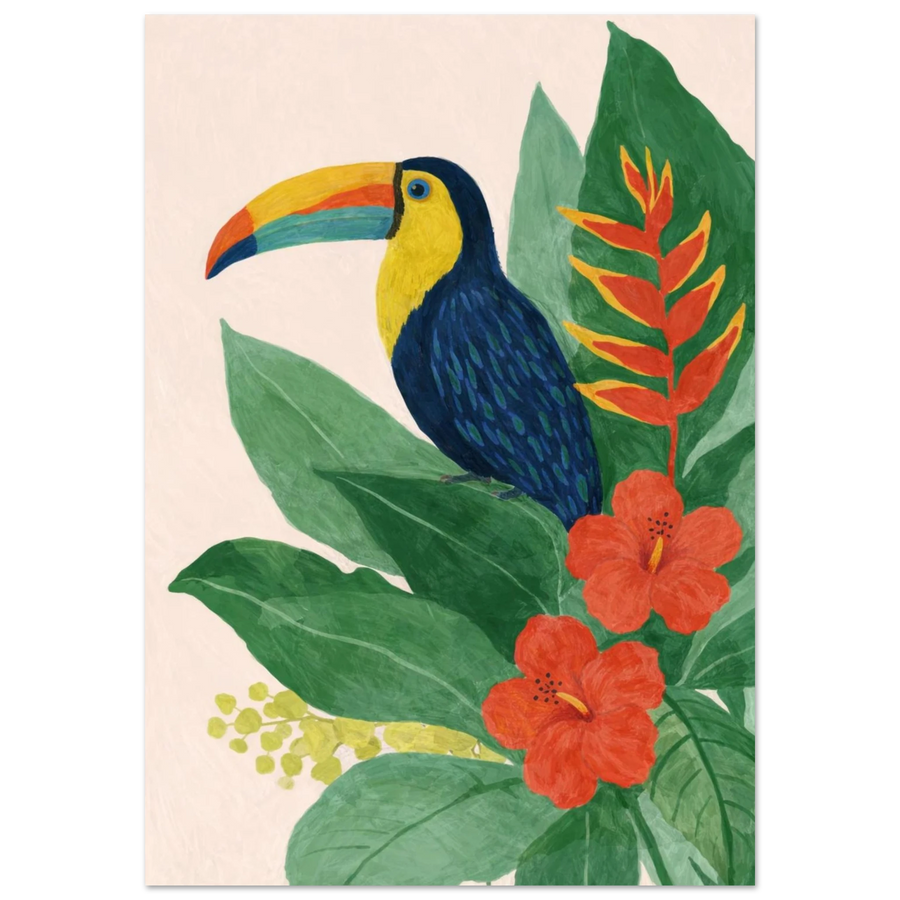 Färgglad tukan bland gröna blad och röda hibiskusblommor – Målad poster