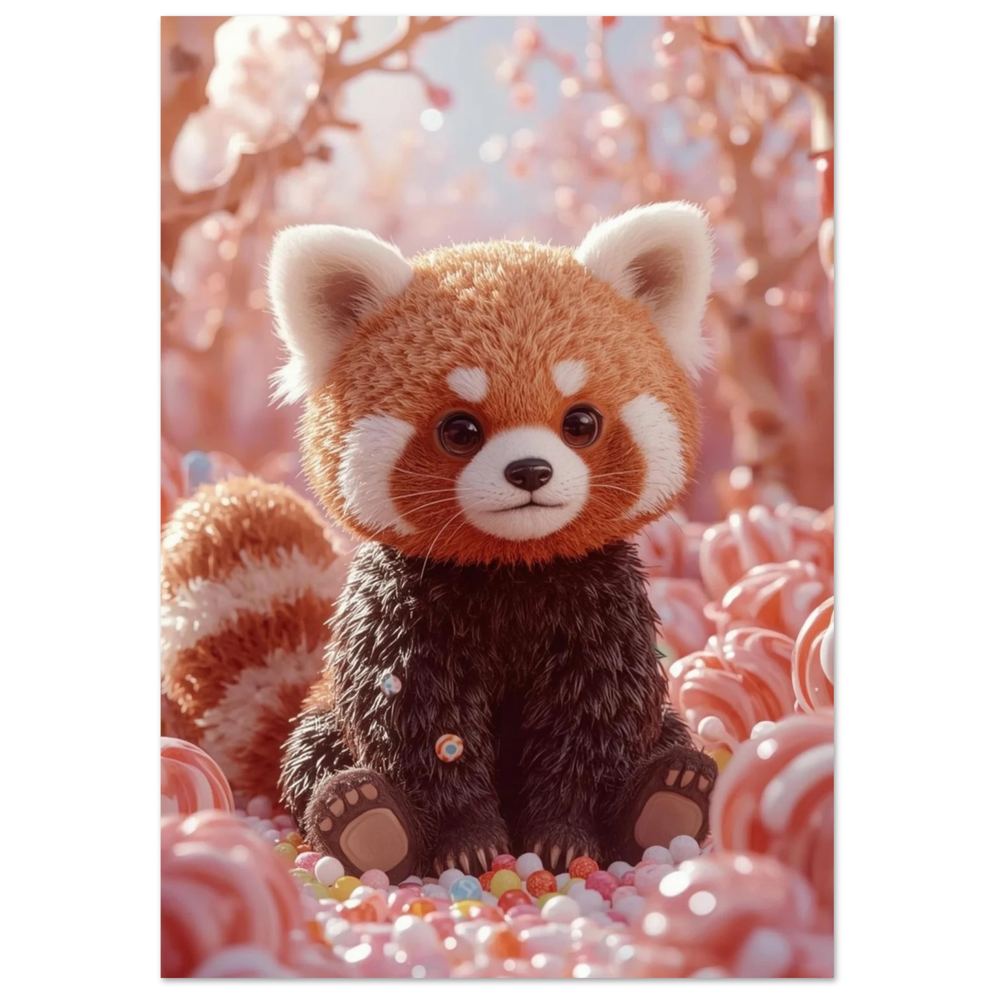Röd panda med fluffig päls sittande bland rosa polkagrisar