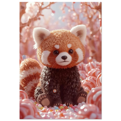 Röd panda med fluffig päls sittande bland rosa polkagrisar
