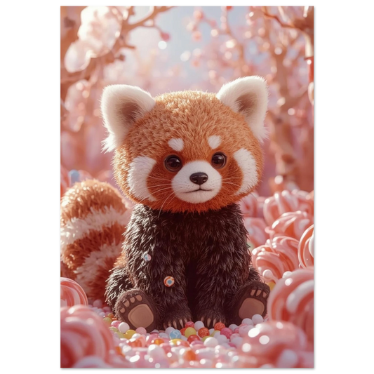 Röd panda med fluffig päls sittande bland rosa polkagrisar