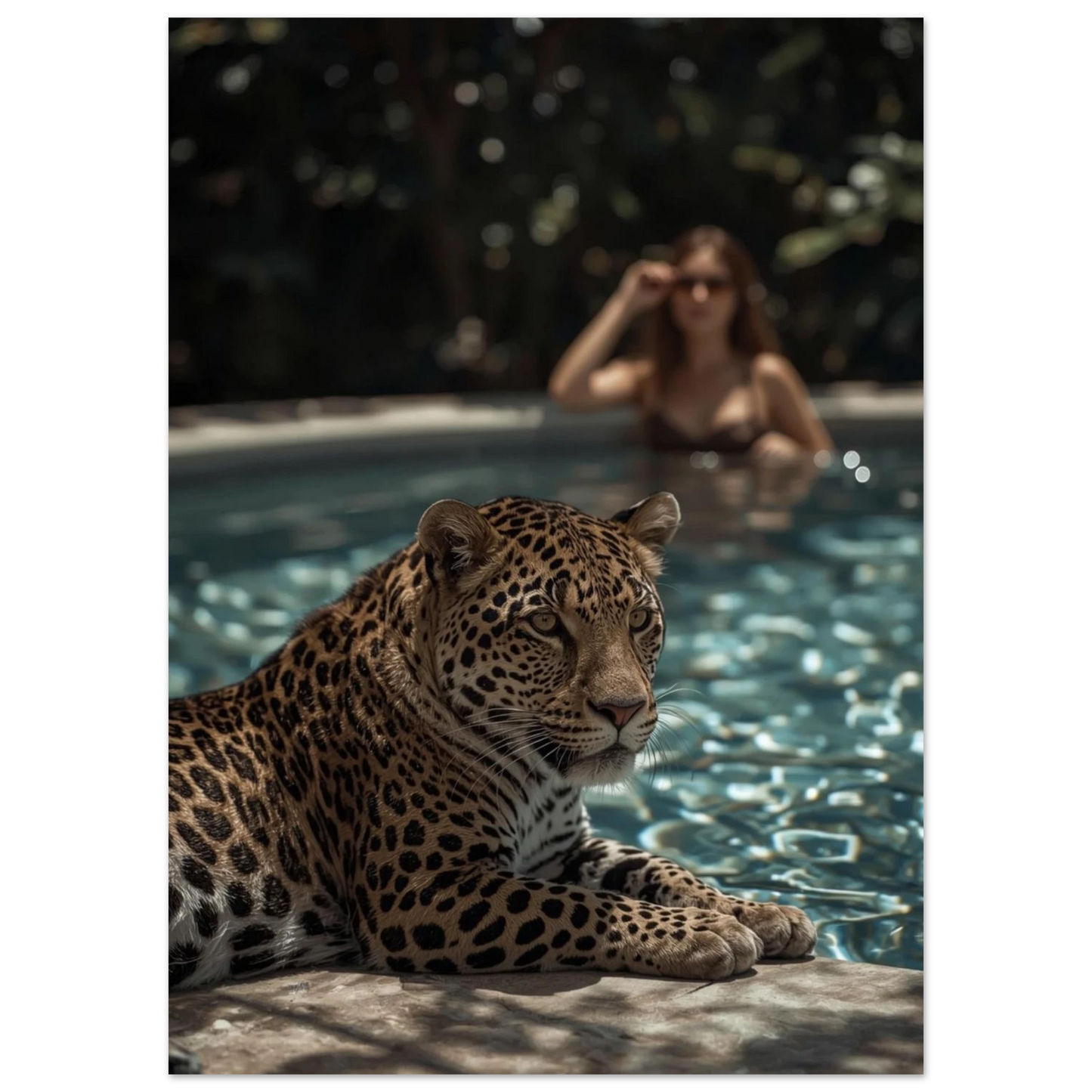 Närbild på leopardens fläckiga päls vid glittrande poolvatten – modern tavla
