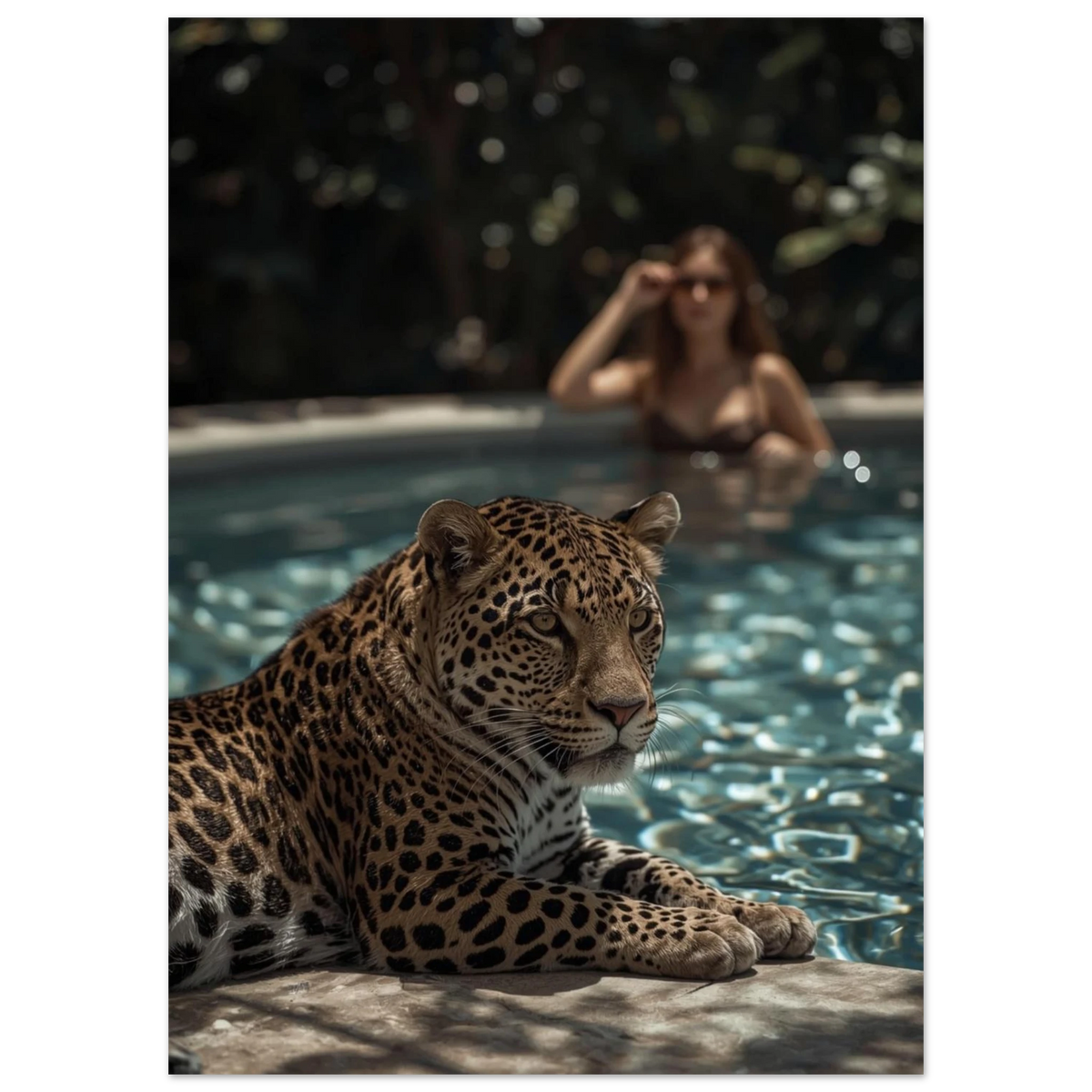 Närbild på leopardens fläckiga päls vid glittrande poolvatten – modern tavla