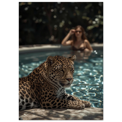 Närbild på leopardens fläckiga päls vid glittrande poolvatten – modern tavla