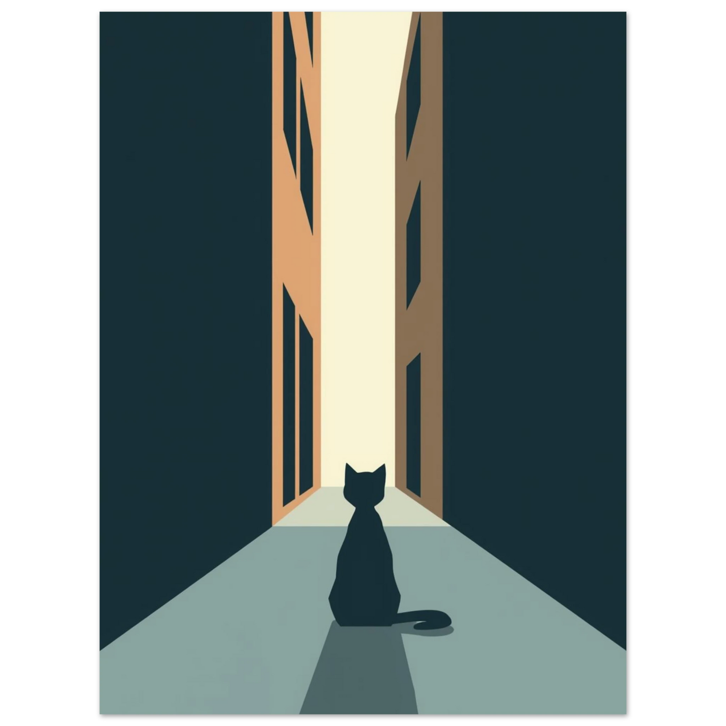 Minimalistiskt konsttryck av en katt i en arkitektonisk miljö med skuggspel