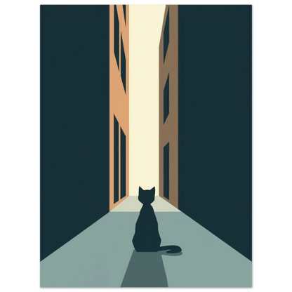Minimalistiskt konsttryck av en katt i en arkitektonisk miljö med skuggspel