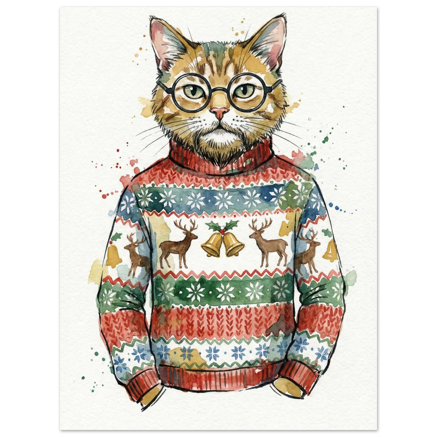 Konstnärlig poster med en rödtabby katt i julig outfit och glasögon