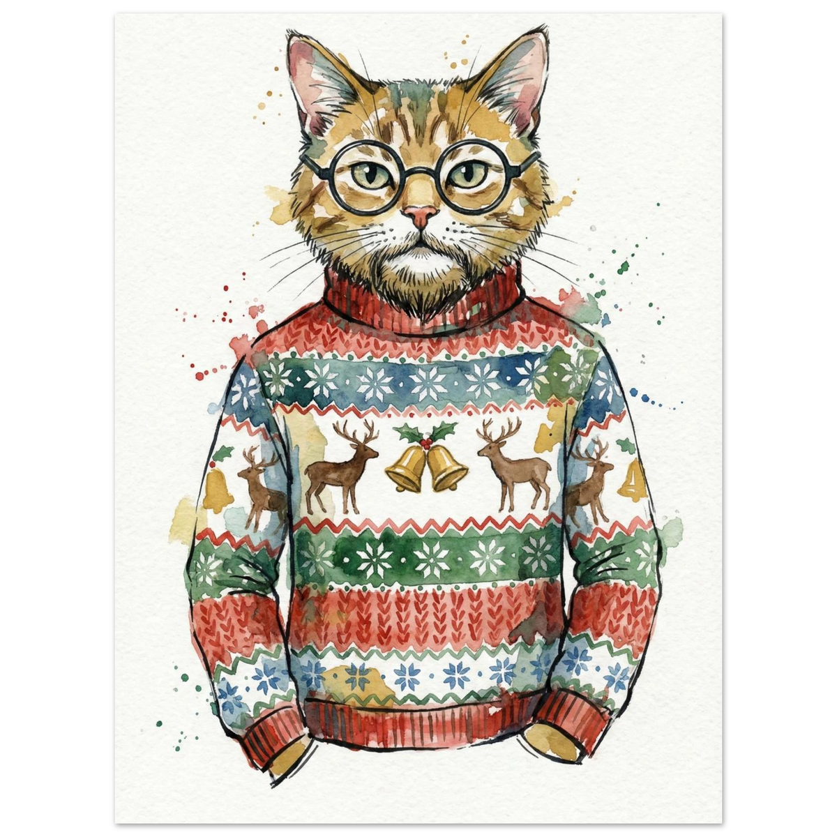 Konstnärlig poster med en rödtabby katt i julig outfit och glasögon
