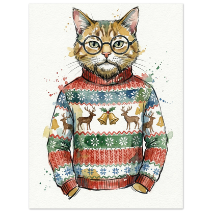 Konstnärlig poster med en rödtabby katt i julig outfit och glasögon