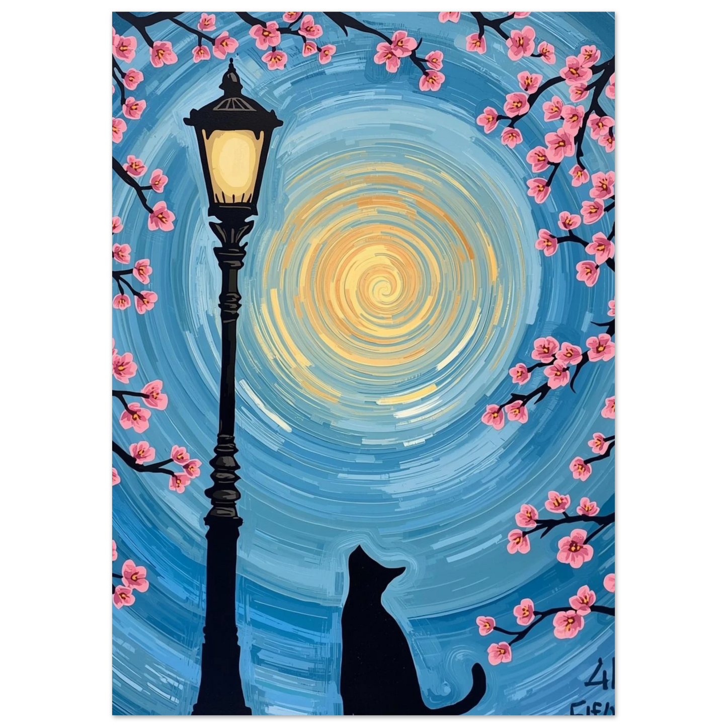 Närbild på penseldrag i en akrylmålning med kattmotiv och lysande lykta