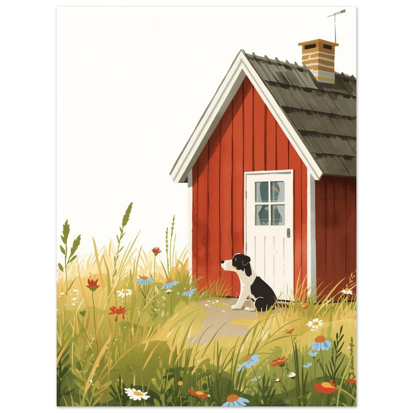 Saga-inspirerad målning av en hund i en färgstark sommaräng