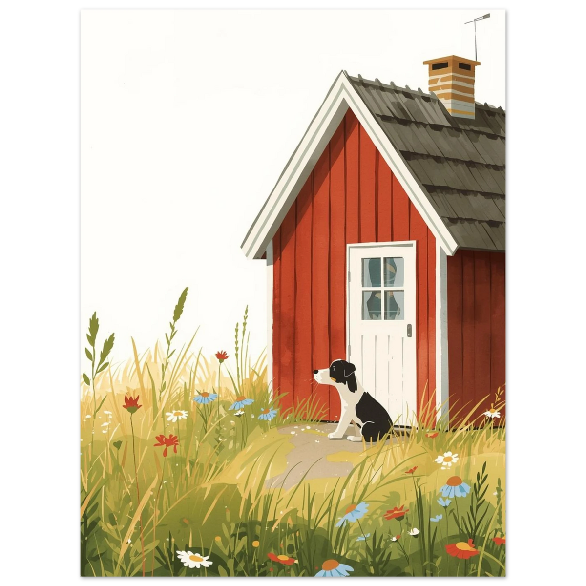 Saga-inspirerad målning av en hund i en färgstark sommaräng