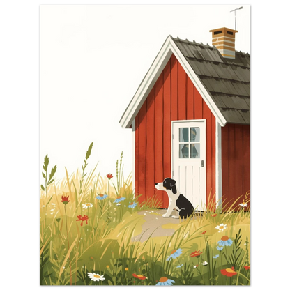 Saga-inspirerad målning av en hund i en färgstark sommaräng