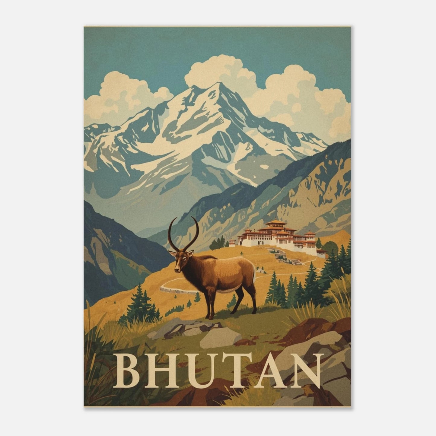Vintageinspirerad djurposter av en takin i storslagen fjällmiljö med texten Bhutan