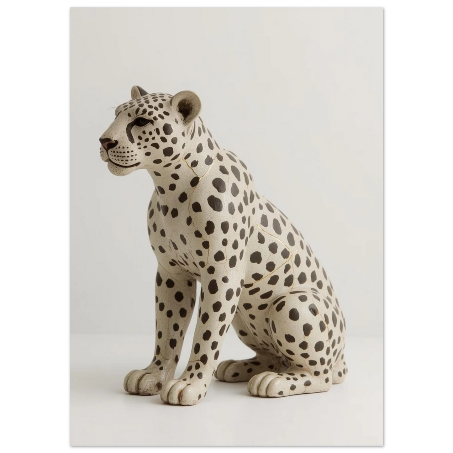 Närbild på leopardposter föreställande en antik keramikfigur med vacker patina
