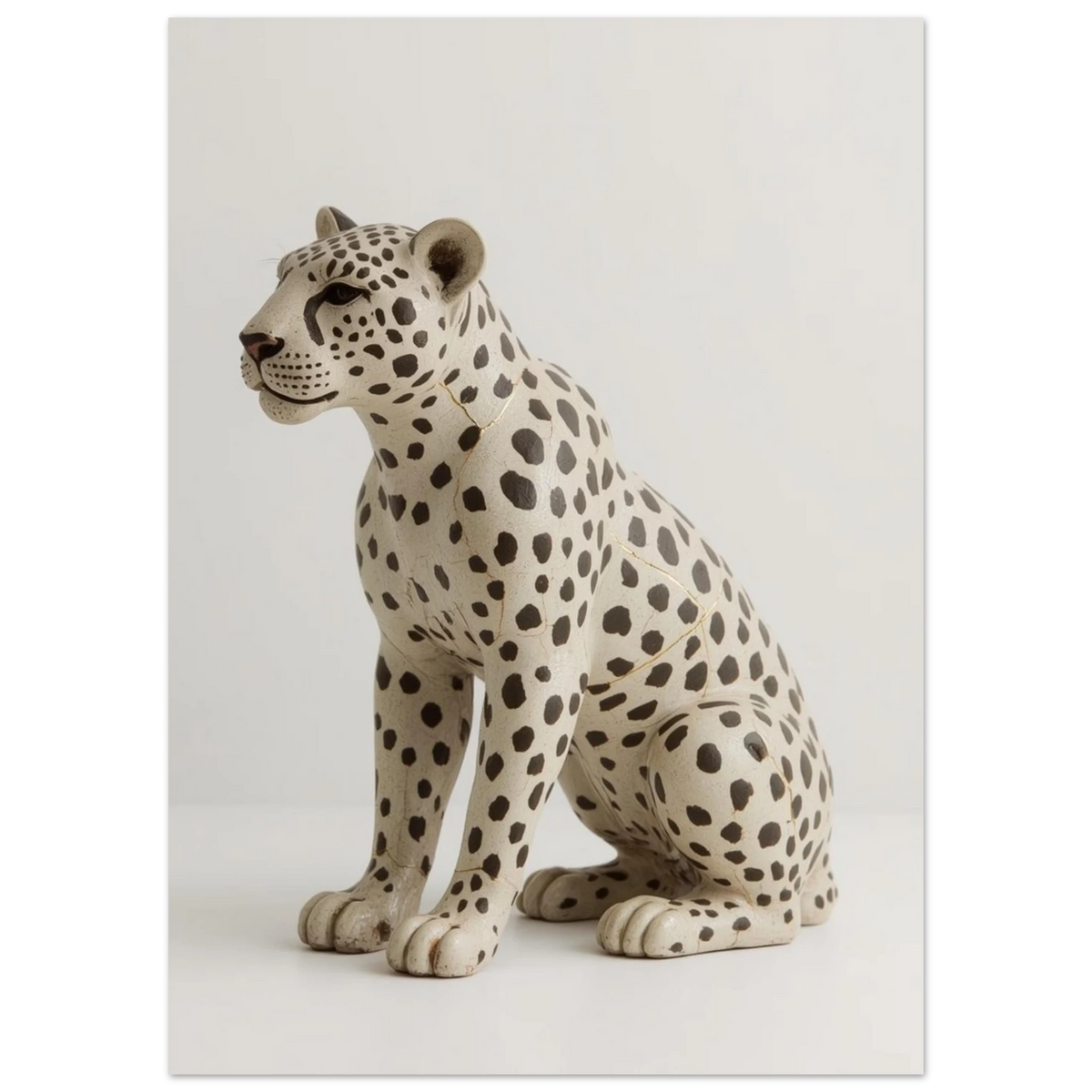 Närbild på leopardposter föreställande en antik keramikfigur med vacker patina
