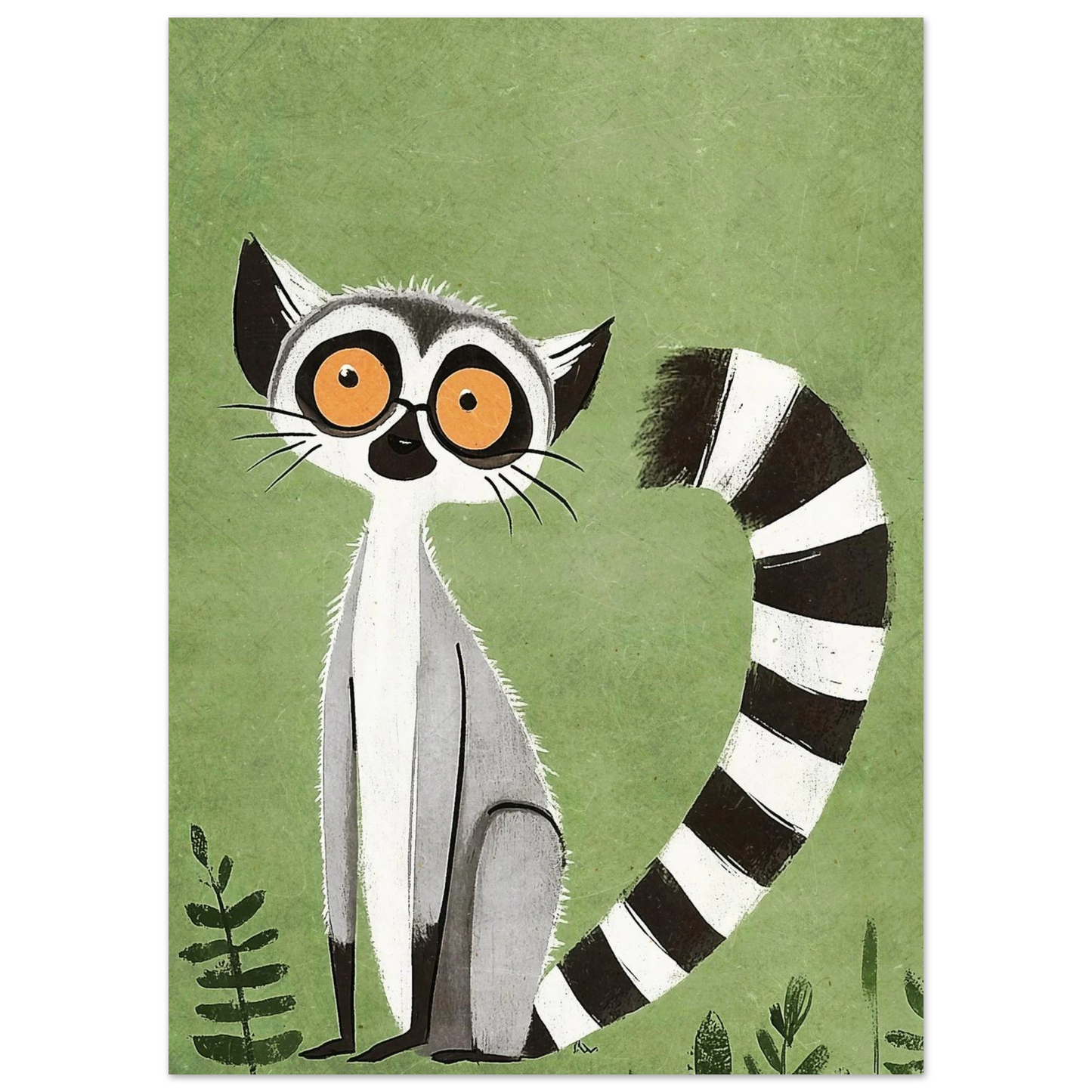 Illustration av en lemur med karaktäristisk svartvit svans på grön botten