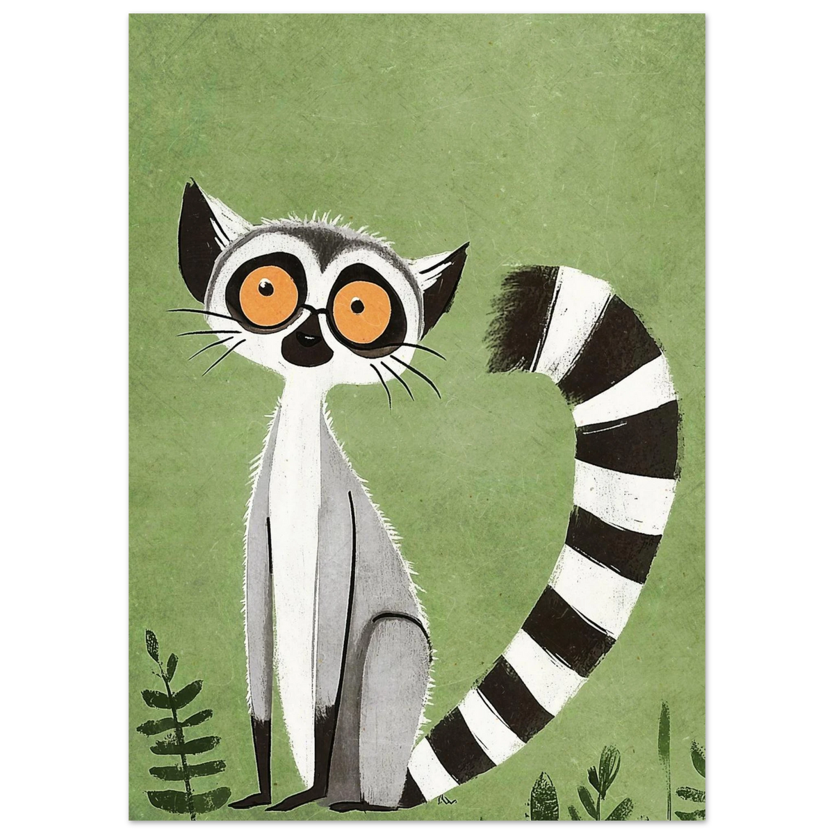 Illustration av en lemur med karaktäristisk svartvit svans på grön botten