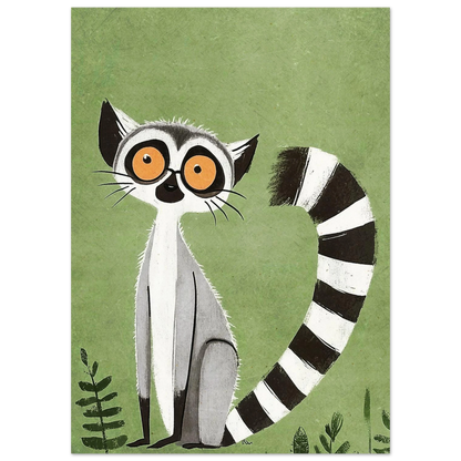 Illustration av en lemur med karaktäristisk svartvit svans på grön botten