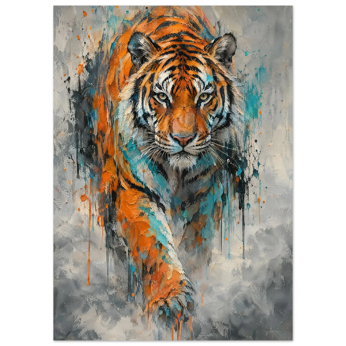 Tiger i expressiv oljemålning med intensiv blick och färgstänk