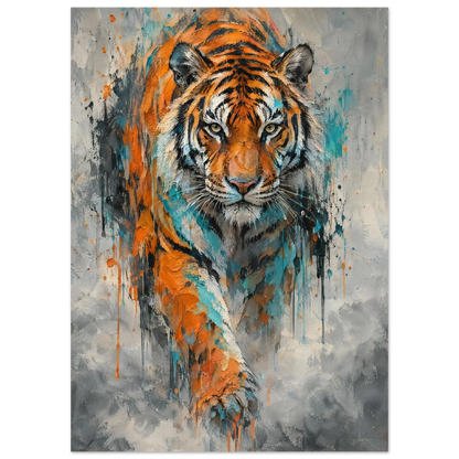Tiger i expressiv oljemålning med intensiv blick och färgstänk