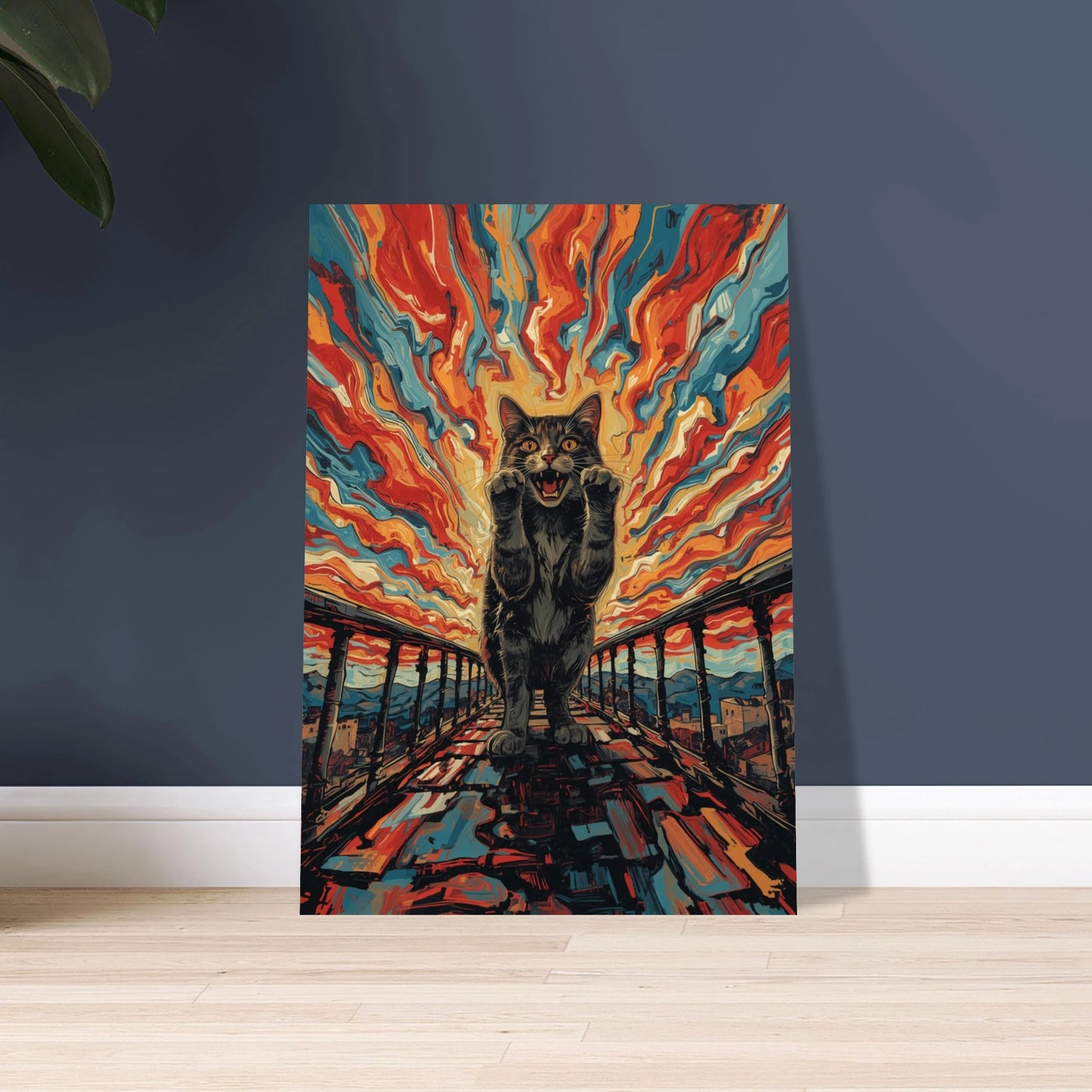 Expressionistisk katt med öppen mun och uppsträckta tassar, dramatiska färger.