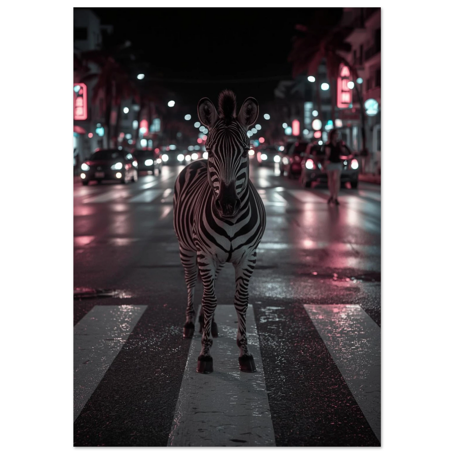 Zebra på övergångsställe i nattlig stadsmiljö med rosa neonljus