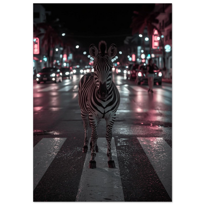 Zebra på övergångsställe i nattlig stadsmiljö med rosa neonljus